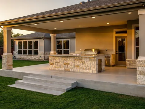 Stamped concrete patio in a Pearland Texas backyard with seating area