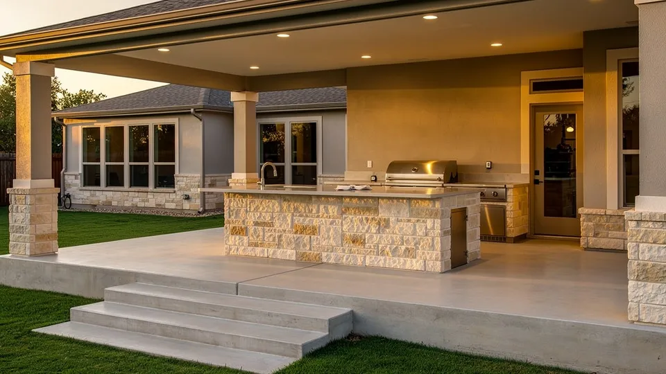 Finished concrete patio in a Pearland, Texas backyard with a colored and scored finish