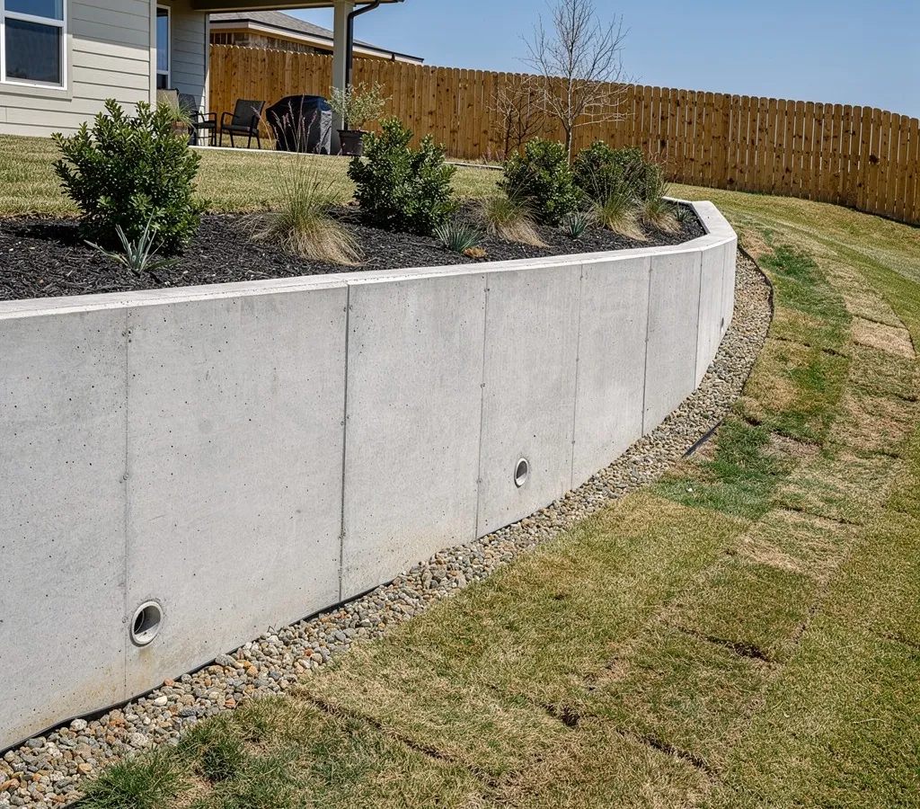 Concrete retaining wall holding back a sloped yard in Pearland, Texas with drainage