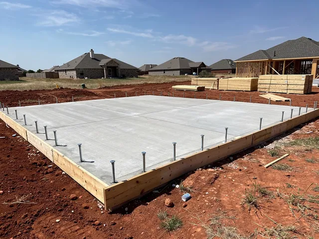 Freshly poured concrete foundation slab for a new build near Manvel, Texas