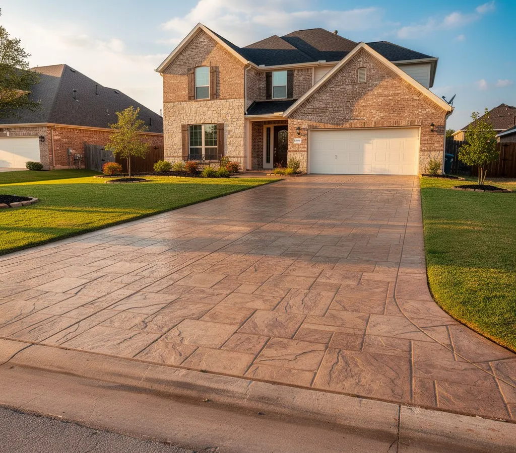 Stamped decorative concrete driveway installed at a home in Pearland, Texas