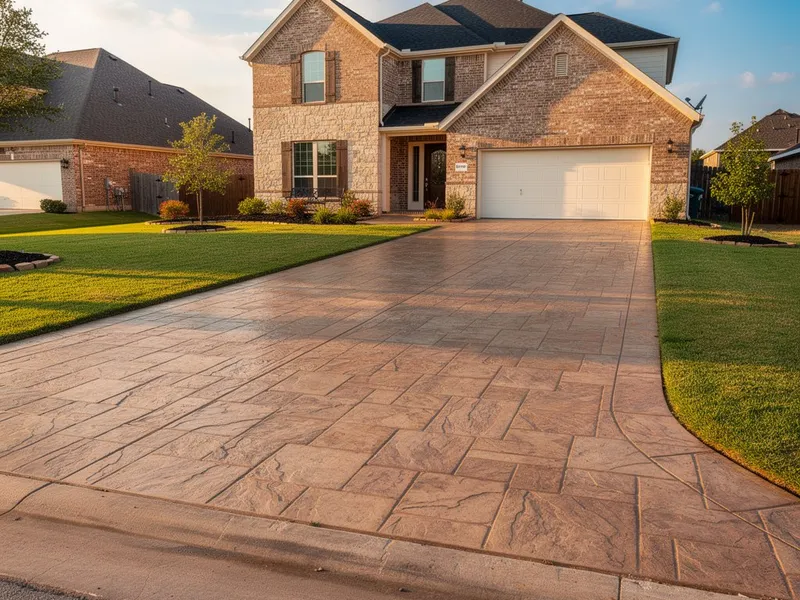 Decorative stamped concrete driveway completed by Pearland TX Concrete Co